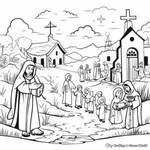 In the Footsteps of Saints: Pilgrimage Scenes Coloring Pages 1