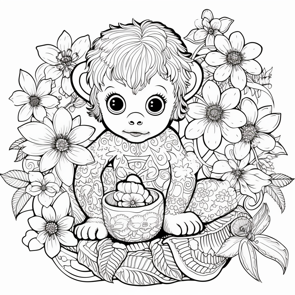 Intricate Baby Monkey with Flowers Coloring Pages 2