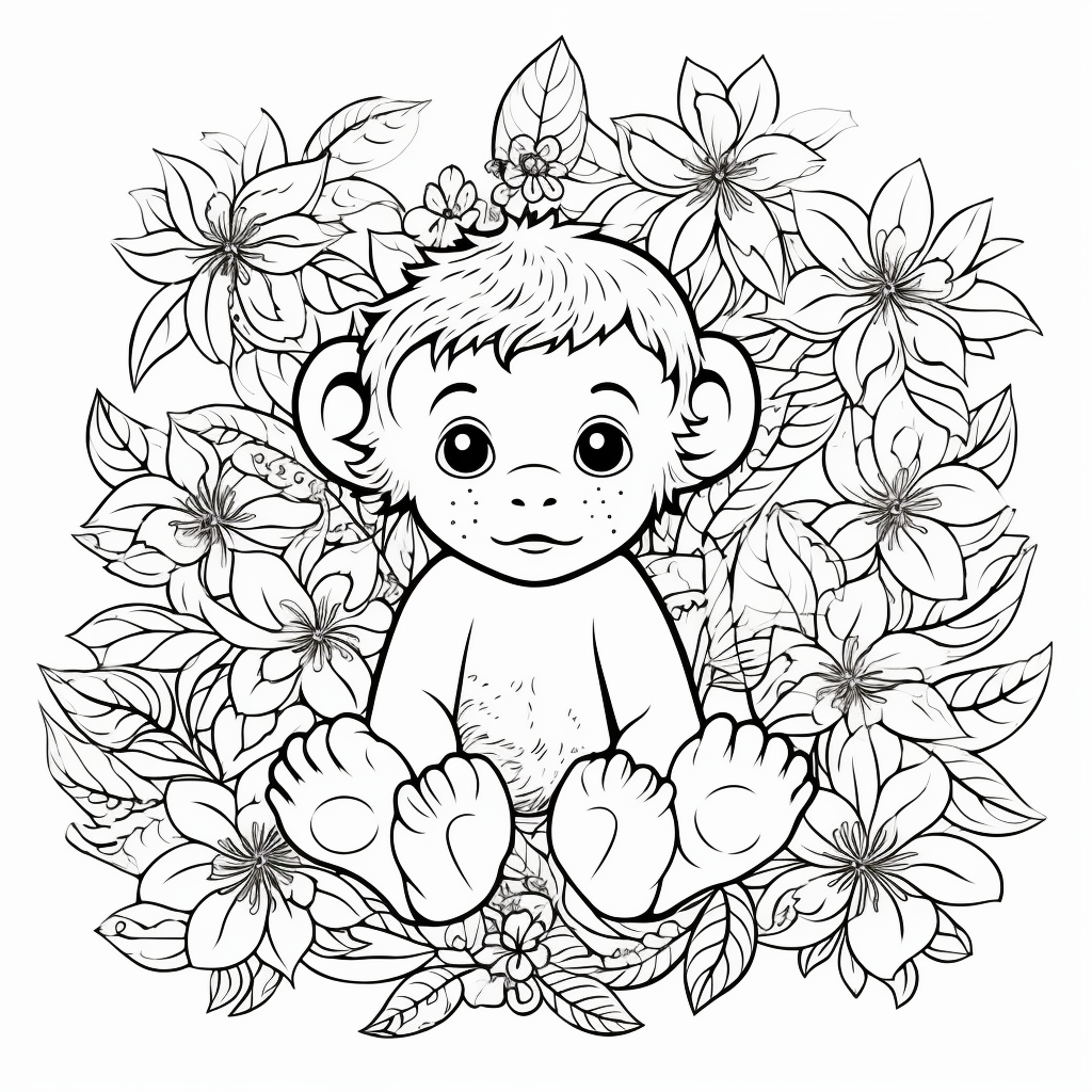 Intricate Baby Monkey with Flowers Coloring Pages 3