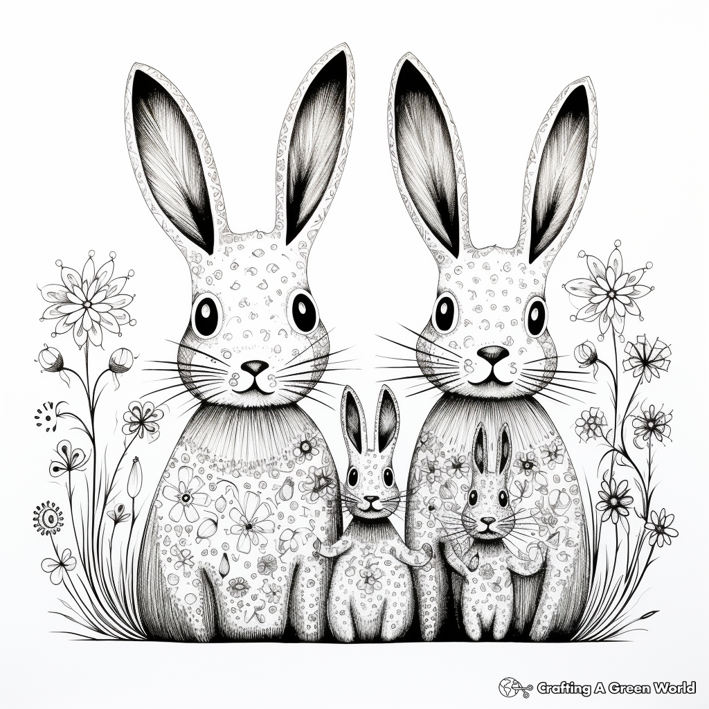 Intricate Detailed Bunny Family Coloring Pages for Adults 2