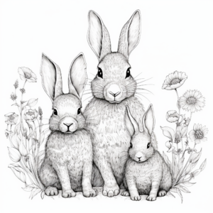 Intricate Detailed Bunny Family Coloring Pages for Adults 3