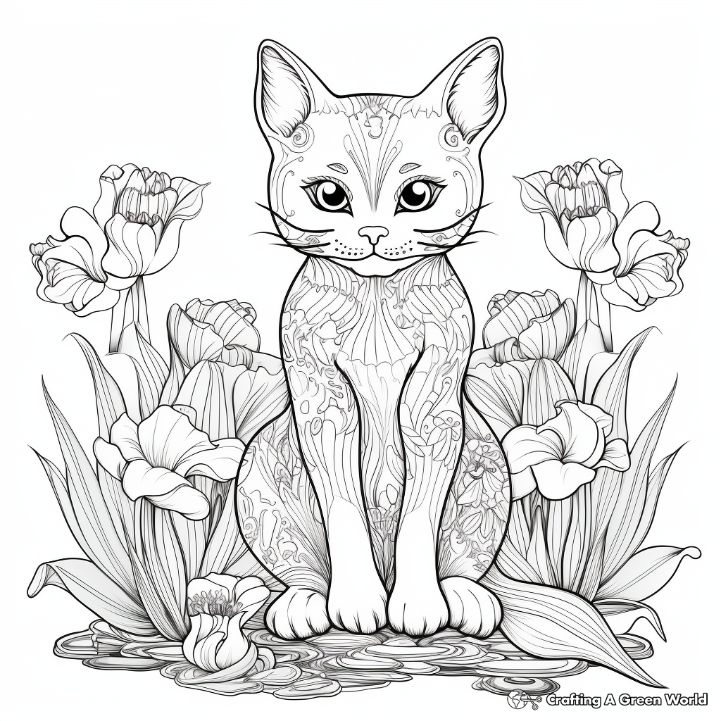 Intricate Domestic Shorthair Cats and Lilies Coloring Pages 2
