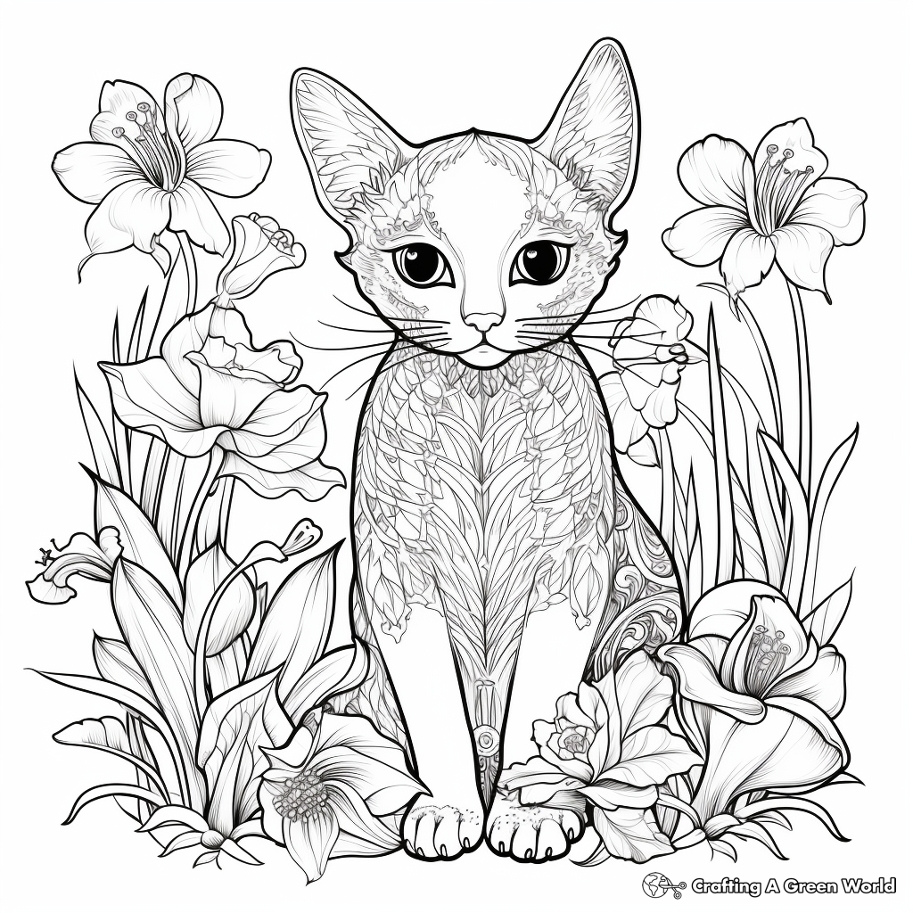 Intricate Domestic Shorthair Cats and Lilies Coloring Pages 4
