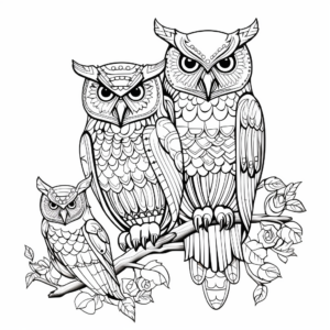 Intricate Great Horned Owl Family Coloring Pages 2
