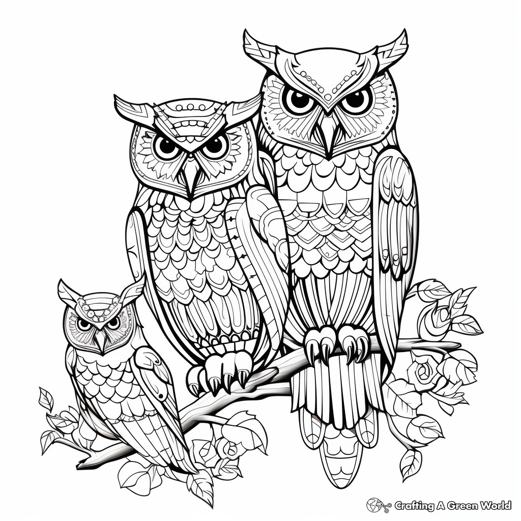 Intricate Great Horned Owl Family Coloring Pages 2