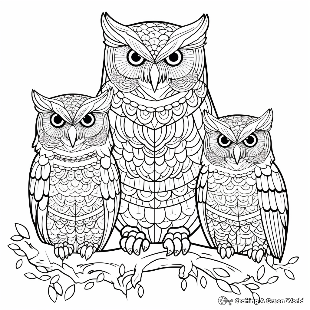 Intricate Great Horned Owl Family Coloring Pages 4