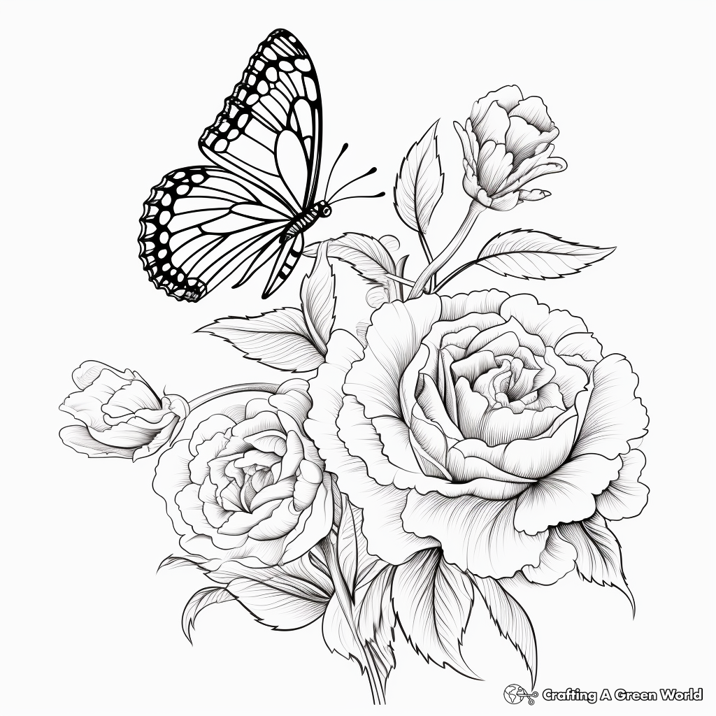 Intricate Peony Flower and Butterfly Coloring Pages for Adults 3