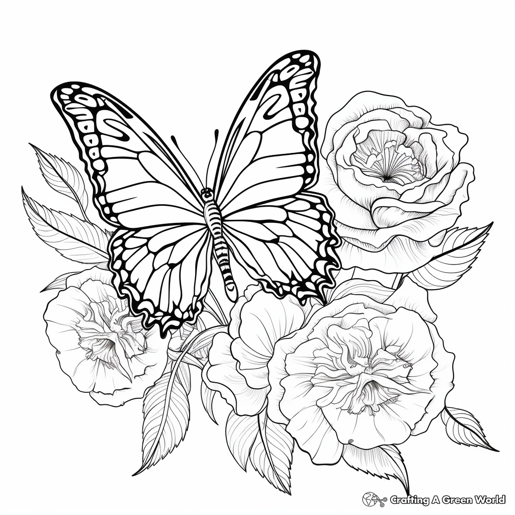 Intricate Peony Flower and Butterfly Coloring Pages for Adults 4