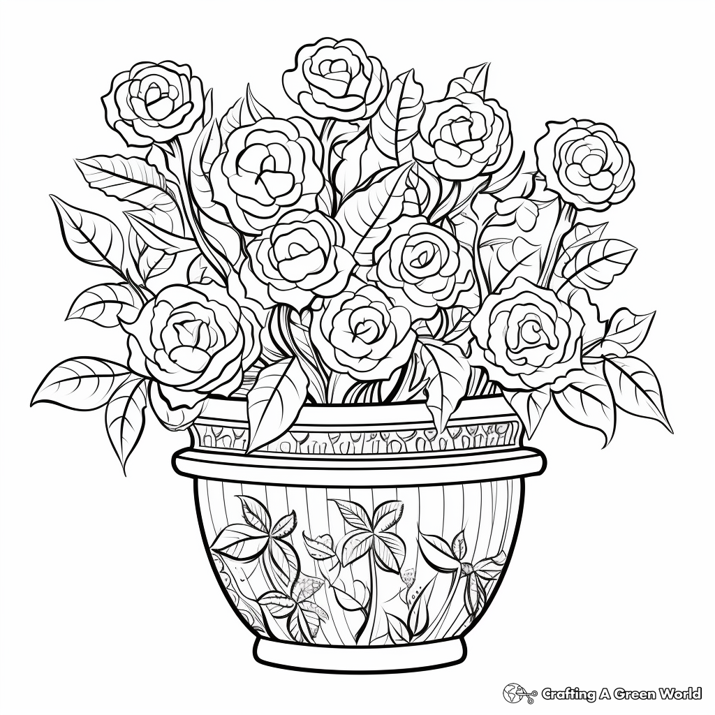 Intricate Rose Bush in Pot Coloring Pages 1