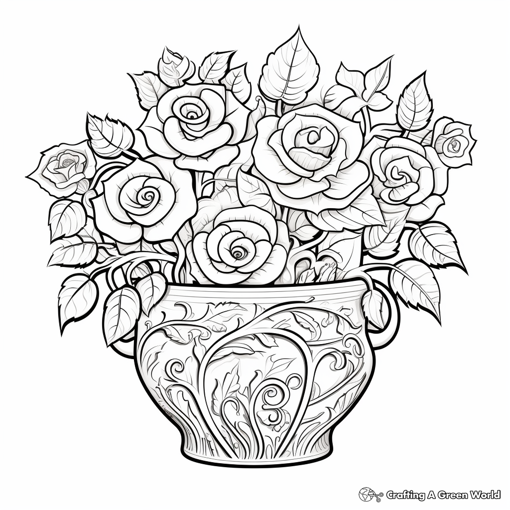 Intricate Rose Bush in Pot Coloring Pages 2