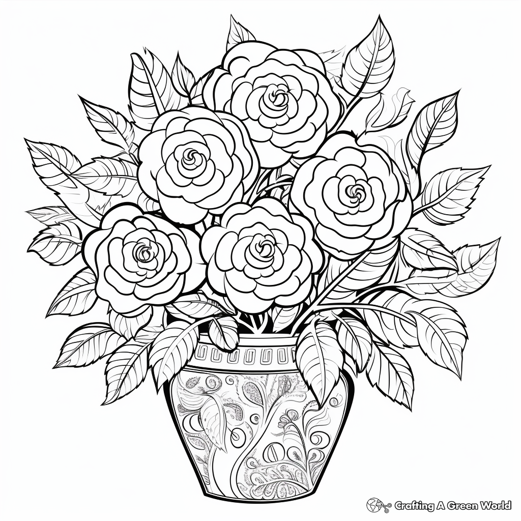 Intricate Rose Bush in Pot Coloring Pages 3