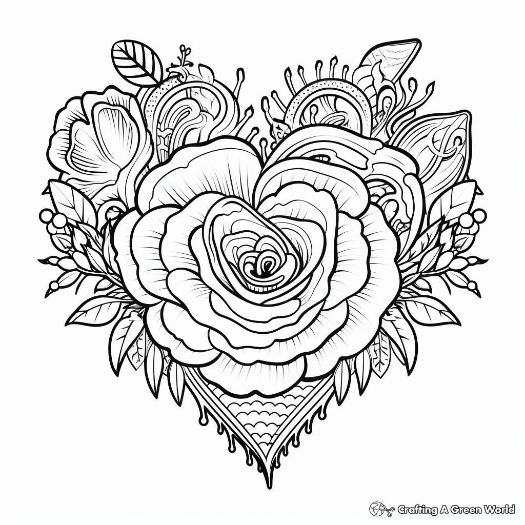 Intricate Rose Heart Coloring Pages for Adults 1