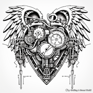 Intricate Steampunk Heart with Wings Coloring Sheets 1