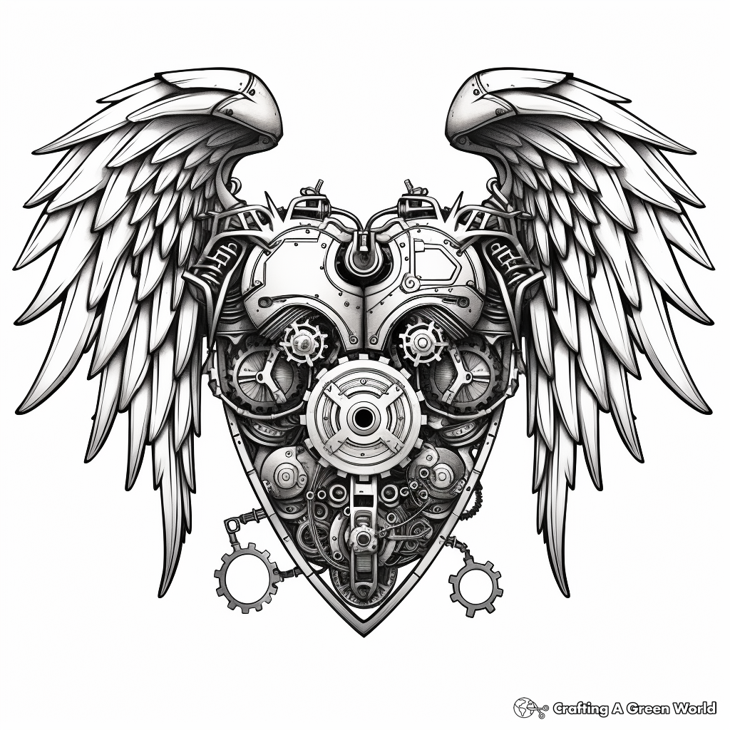 Intricate Steampunk Heart with Wings Coloring Sheets 2