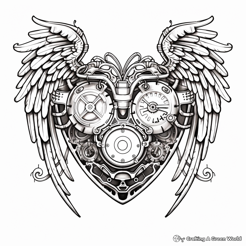 Intricate Steampunk Heart with Wings Coloring Sheets 3