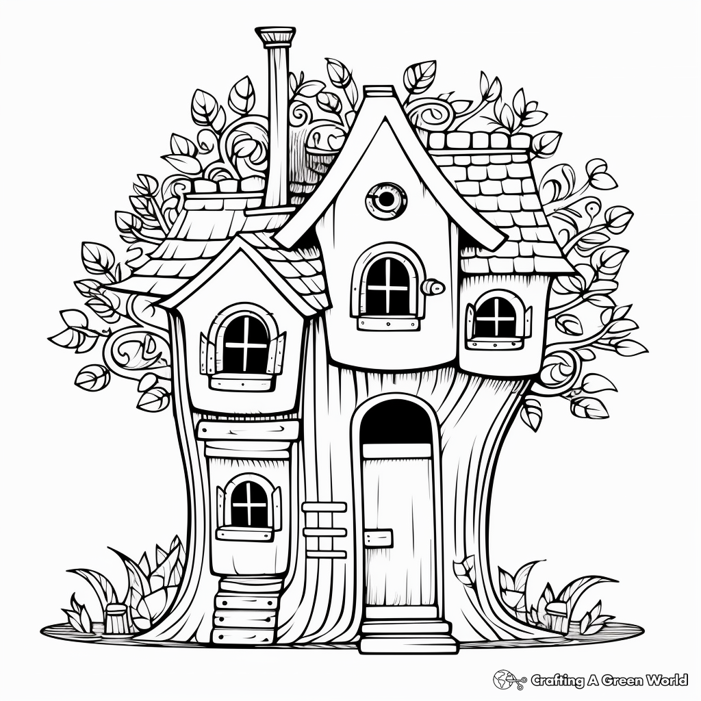 Intricate Tree Trunk Bird House Coloring Pages 1