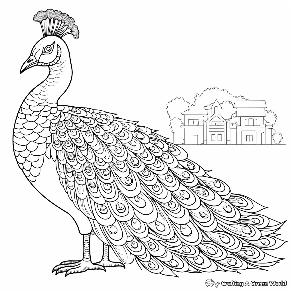Java Green Peacock: Detailed Coloring Pages for Adults 1