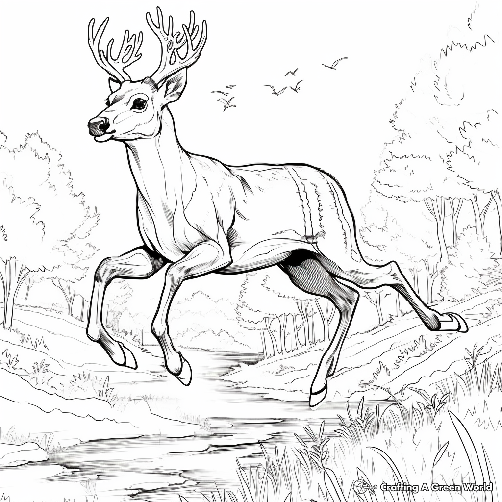 Jumping White Tailed Deer Action Scene Coloring Page 2