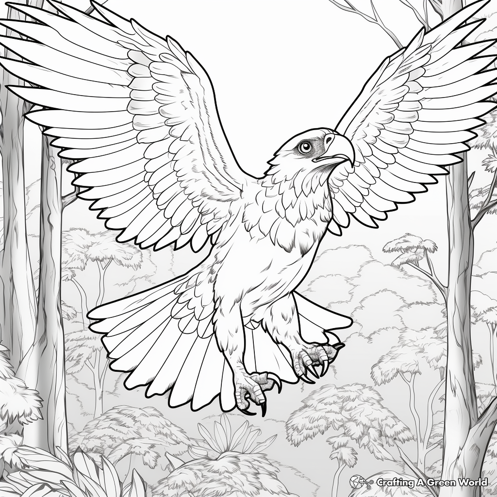 Jungle backdrop with Harpy Eagle in Flight Coloring Pages 3