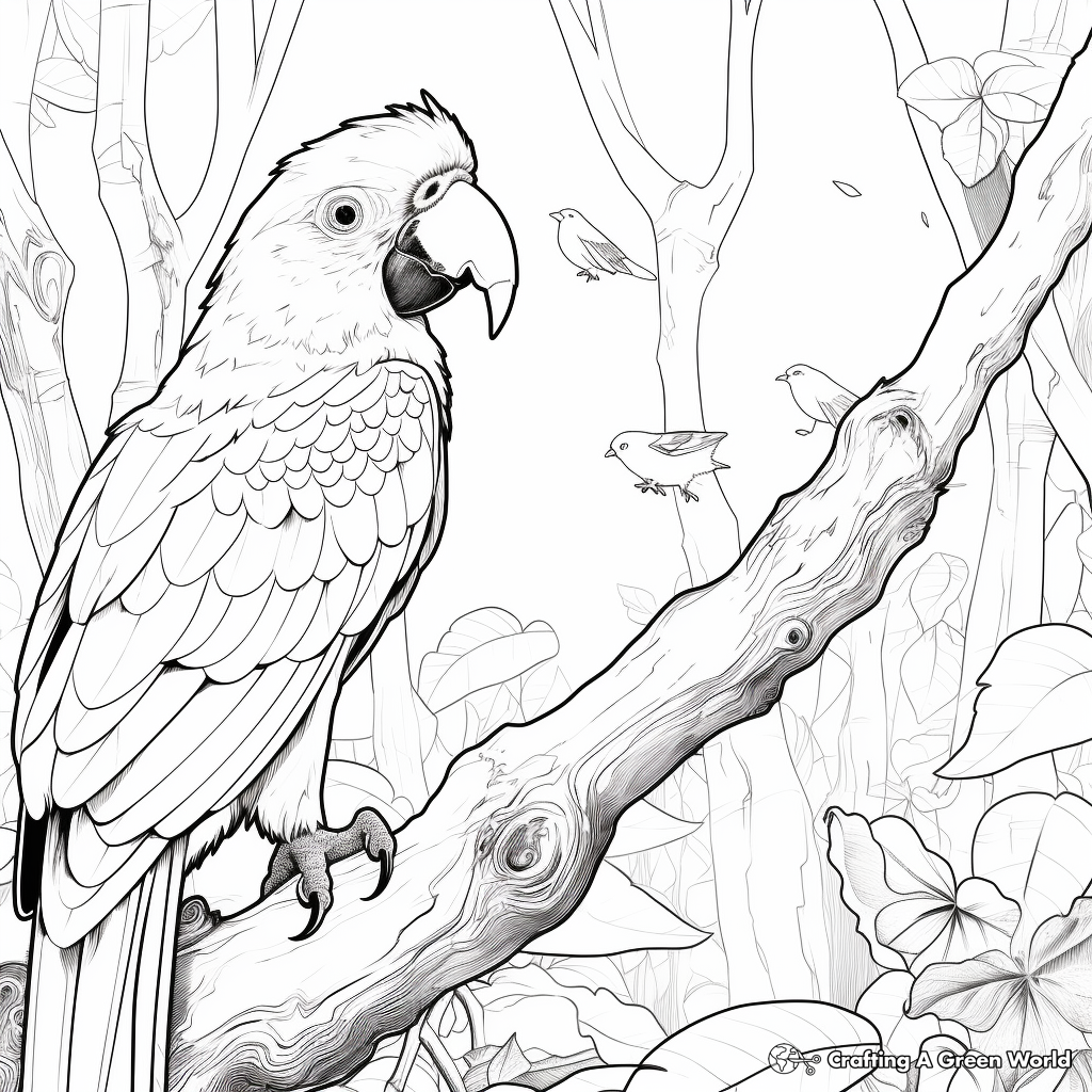 Jungle Scene with Macaw Coloring Pages 1