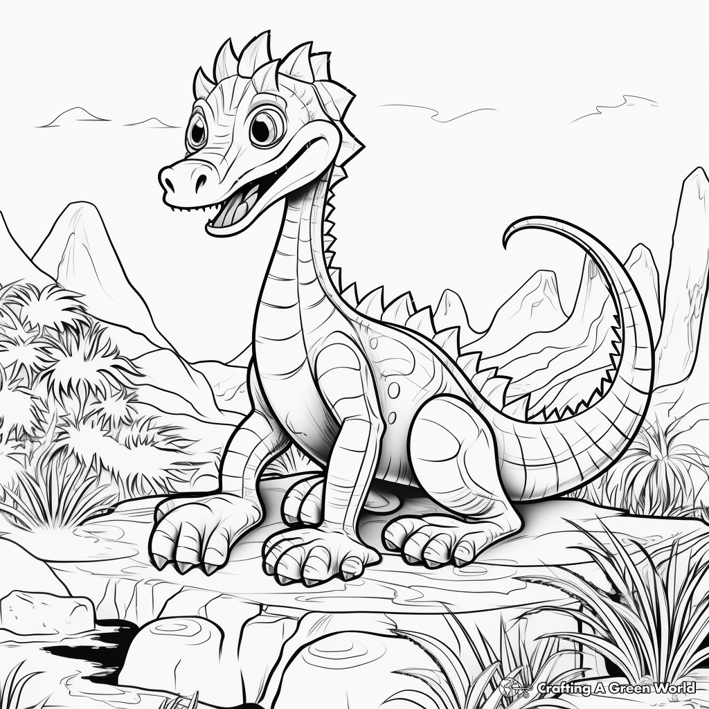 Jurassic Era: Dilophosaurus and Scenery Coloring Pages 4