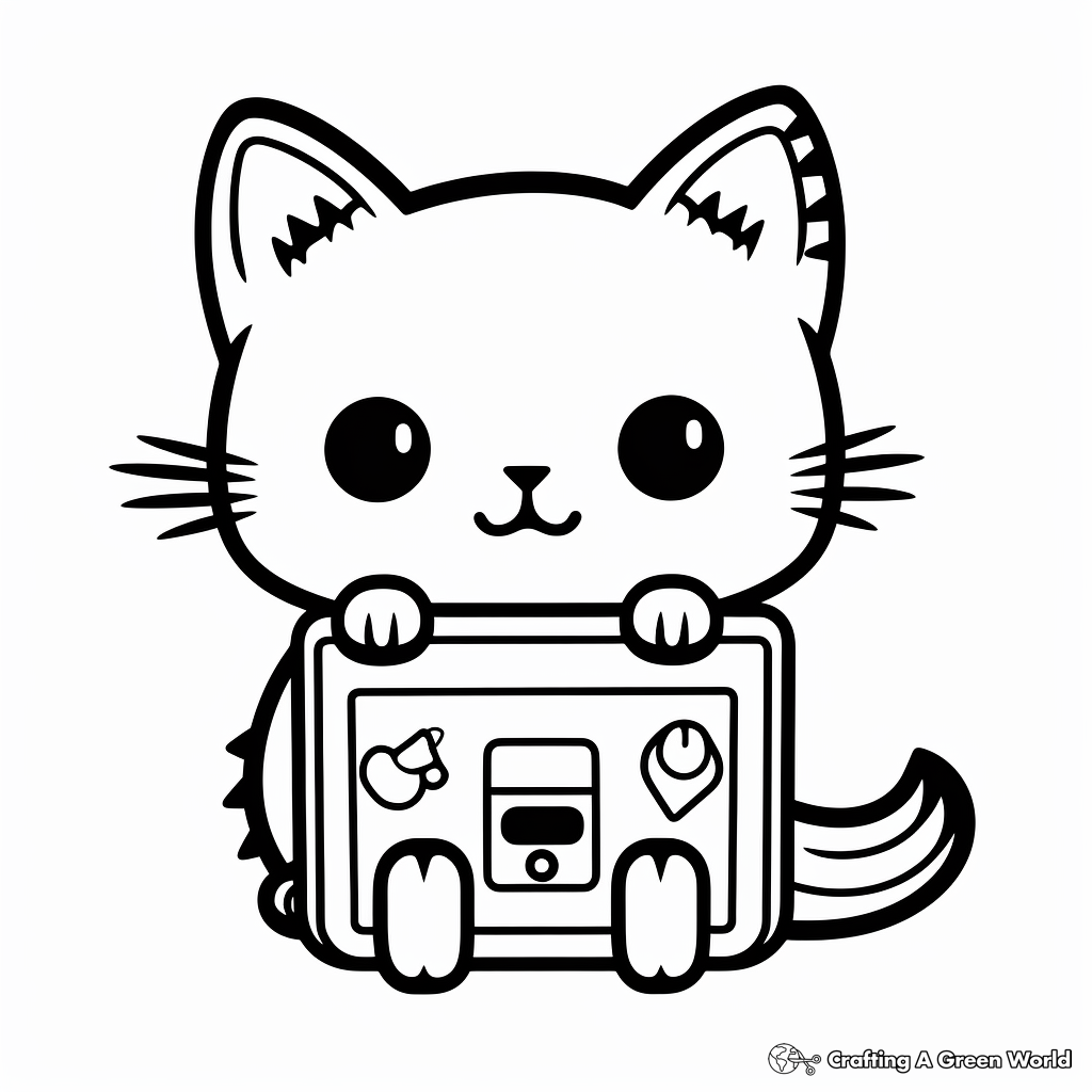 Kawaii Cat and Polaroid Camera Coloring Page 1