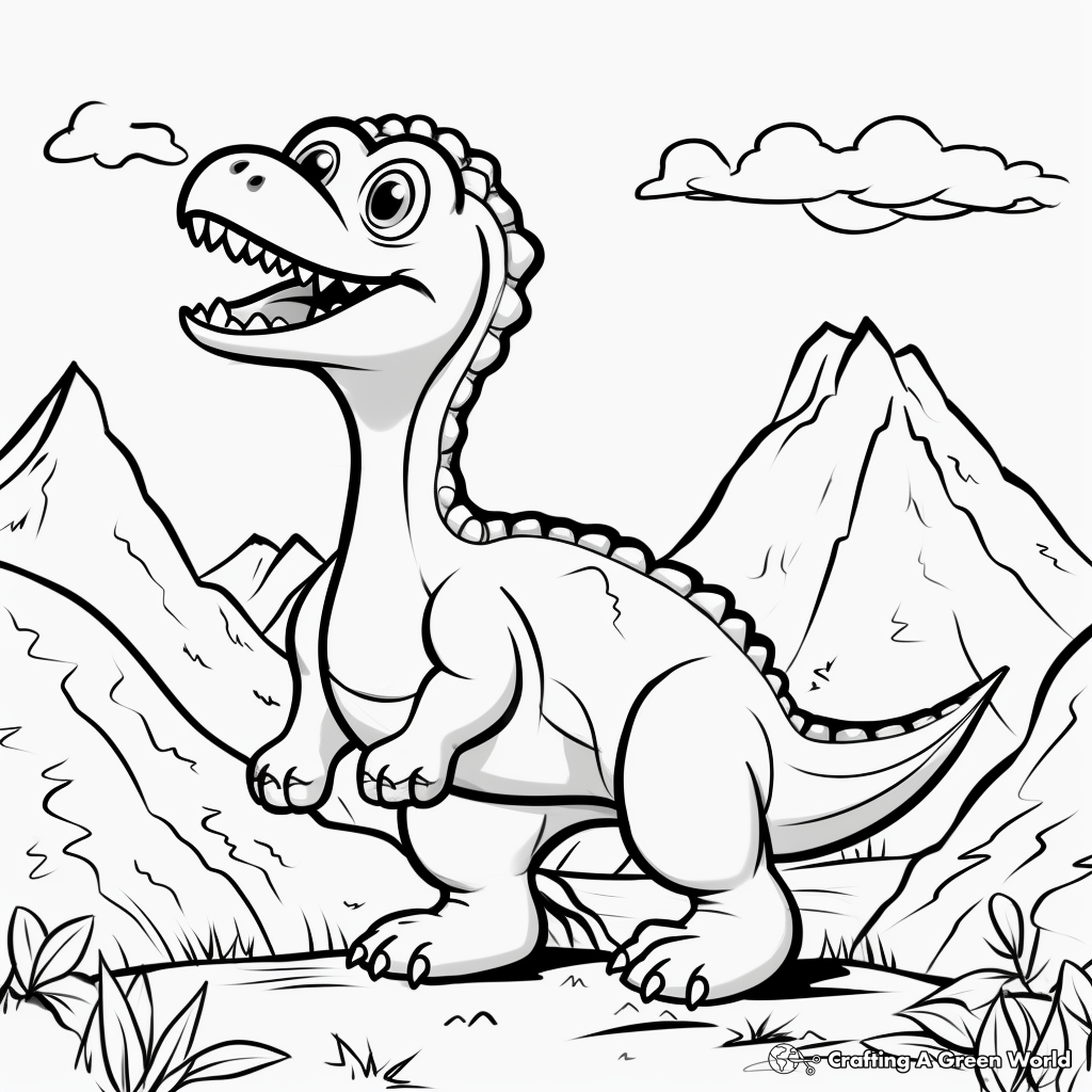 Kid-Friendly Cartoon Dinosaur and Volcano Coloring Pages 2