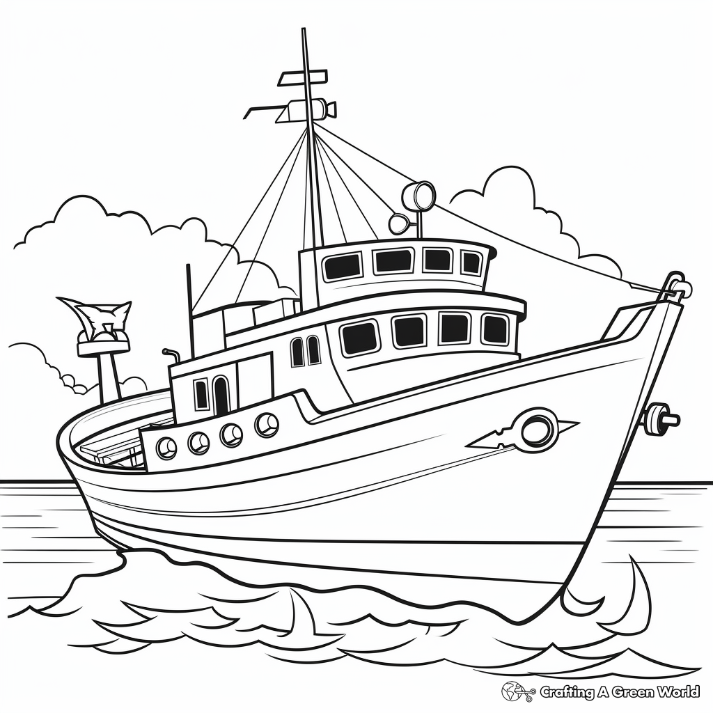 Kid-Friendly Cartoon Fishing Boat Coloring Pages 2
