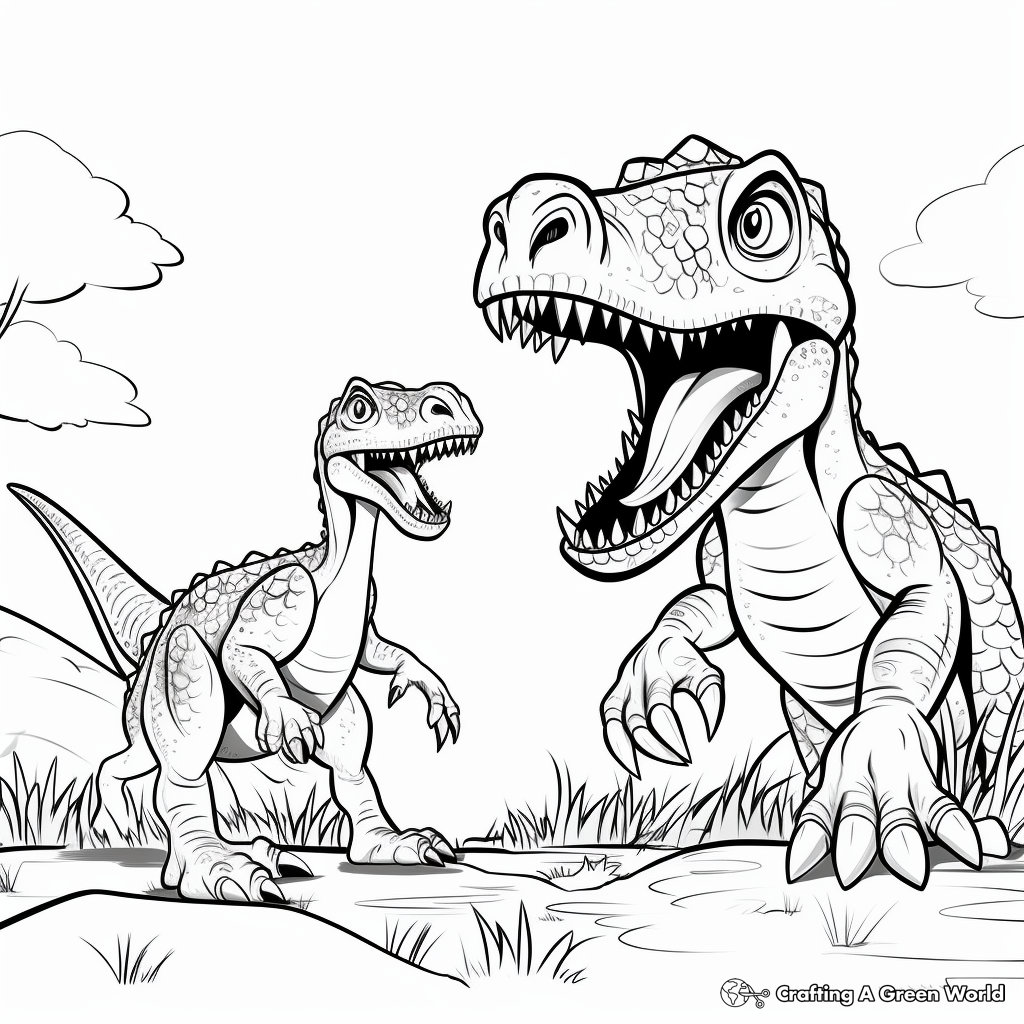 Kid-friendly Cartoon Spinosaurus and T-Rex Coloring Pages 1
