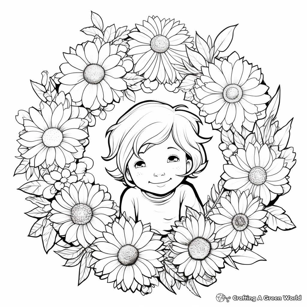 Kid-Friendly Daisy Wreath Coloring Pages 3