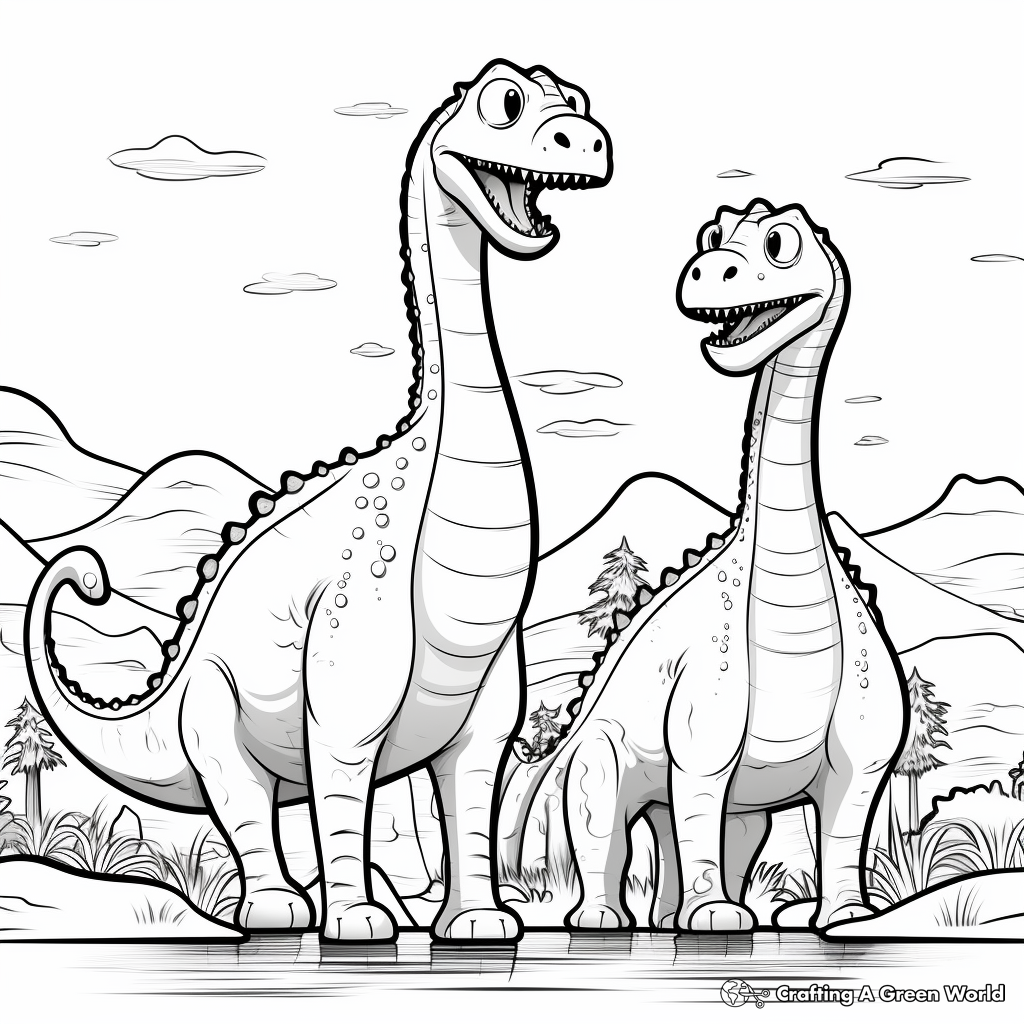 Kid-Friendly Diplodocus with Dinosaur Friends Coloring Pages 1