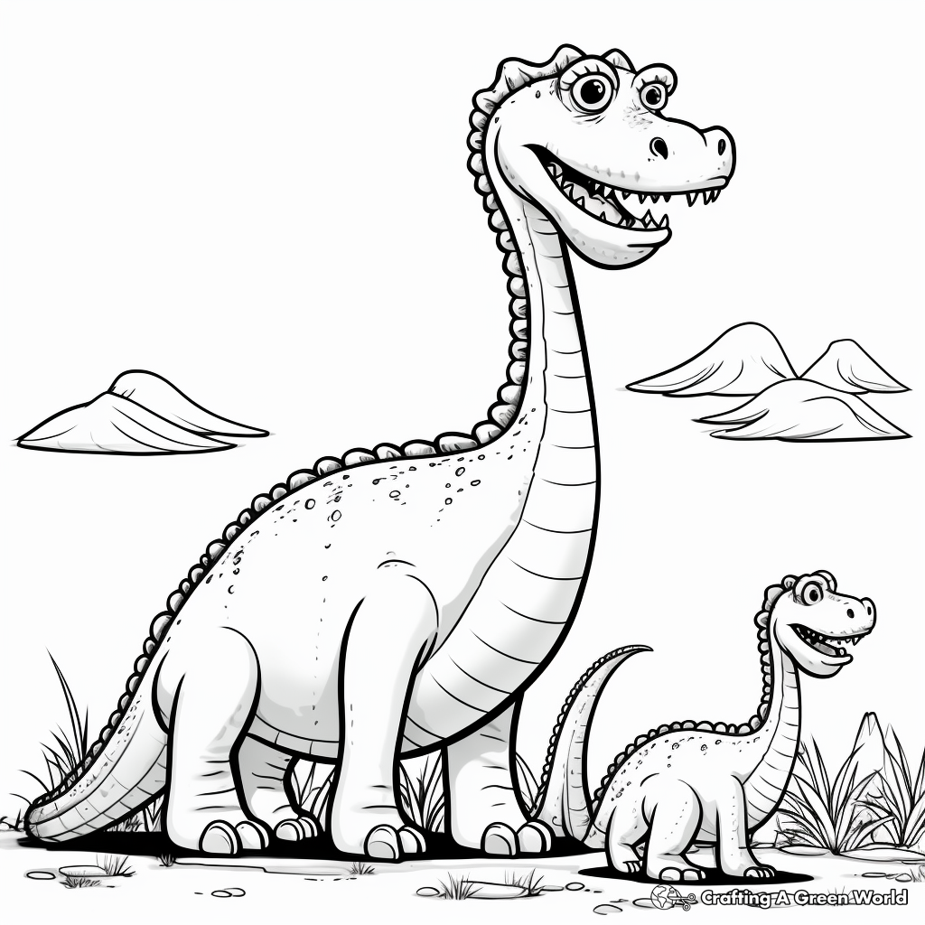 Kid-Friendly Diplodocus with Dinosaur Friends Coloring Pages 3