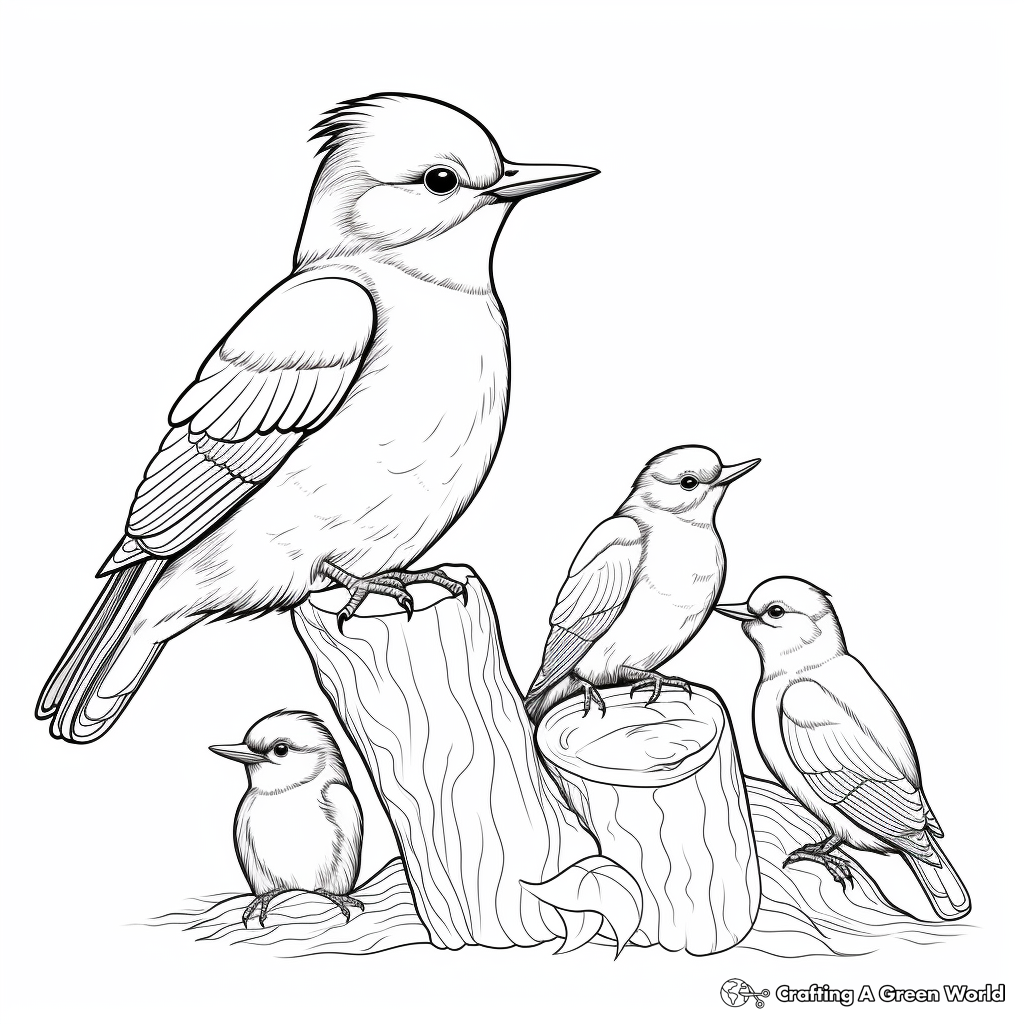 Kingfisher Family Coloring Pages: Male, Female, and Chicks 1