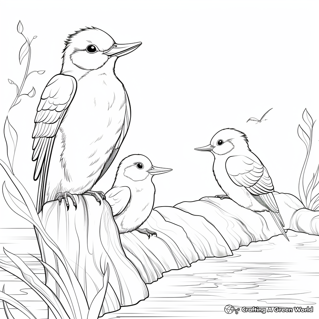 Kingfisher Family Coloring Pages: Male, Female, and Chicks 4