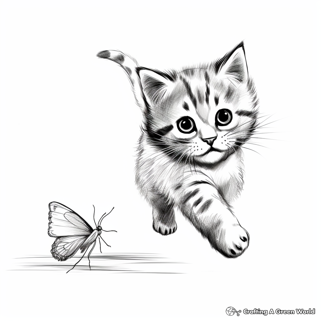 Kitten Chasing Butterfly Coloring Pages 2