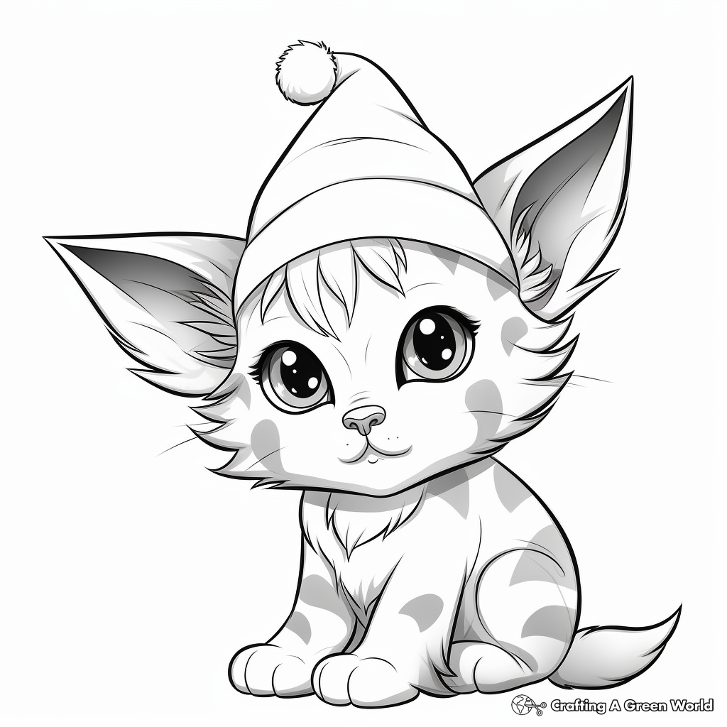 Kitten with Christmas Hat Coloring Pages 2