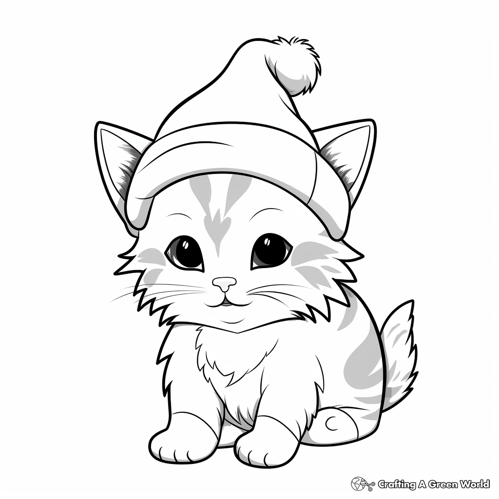 Kitten with Christmas Hat Coloring Pages 3
