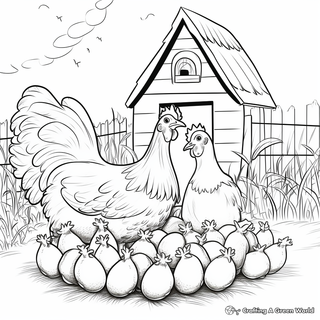 Laying Hens in Barnyard Scene Coloring Pages 1