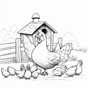 Laying Hens in Barnyard Scene Coloring Pages 2