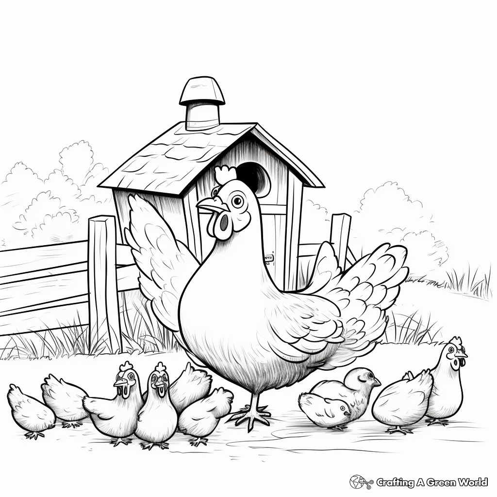 Laying Hens in Barnyard Scene Coloring Pages 2