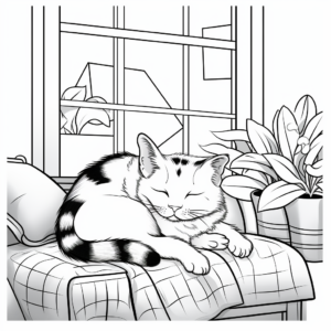 Lazy Calico Lounging on a Window Sill Coloring Page 1