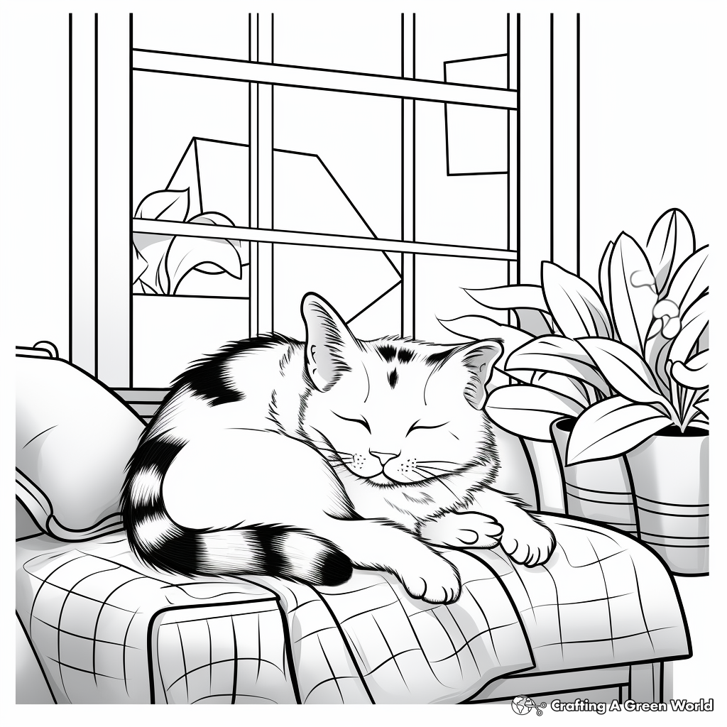 Lazy Calico Lounging on a Window Sill Coloring Page 1