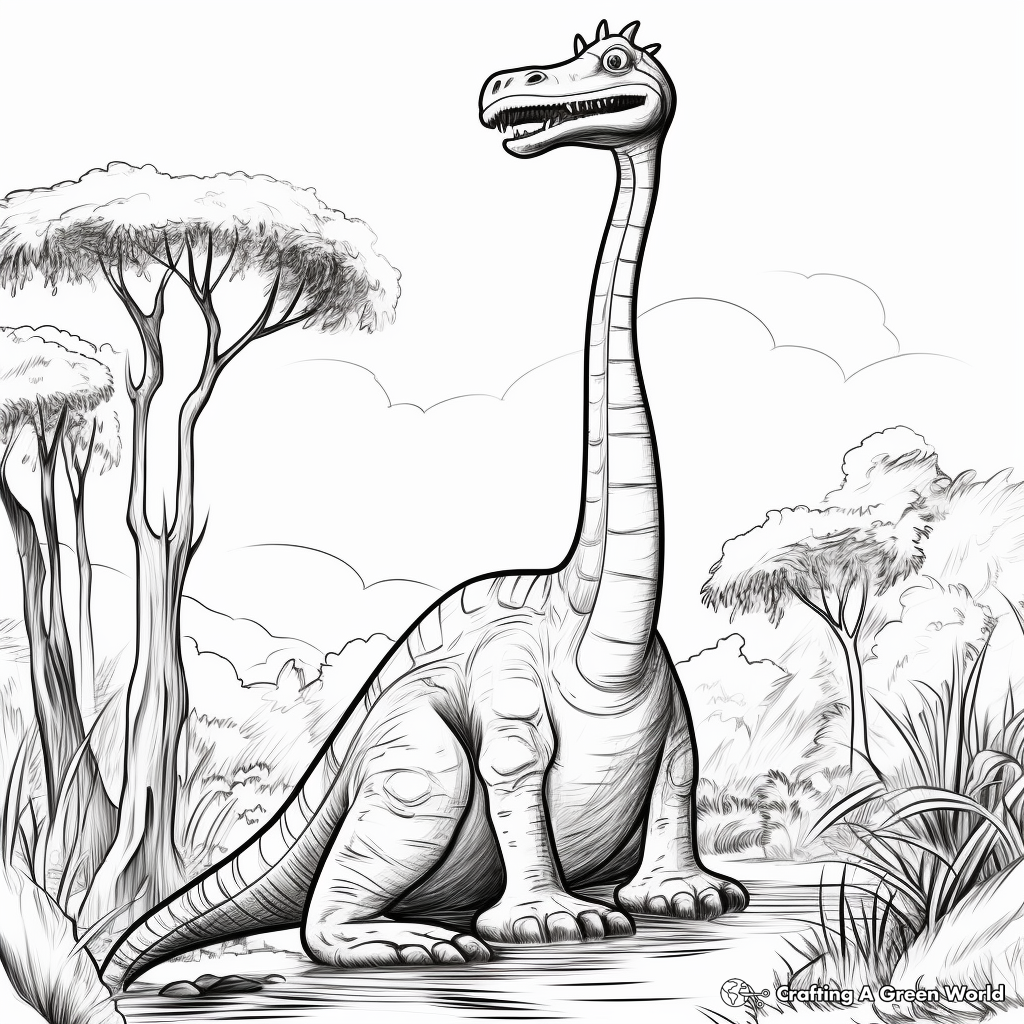Long Neck Dinosaurs in the Wild: Jungle-Scene Coloring Pages 1
