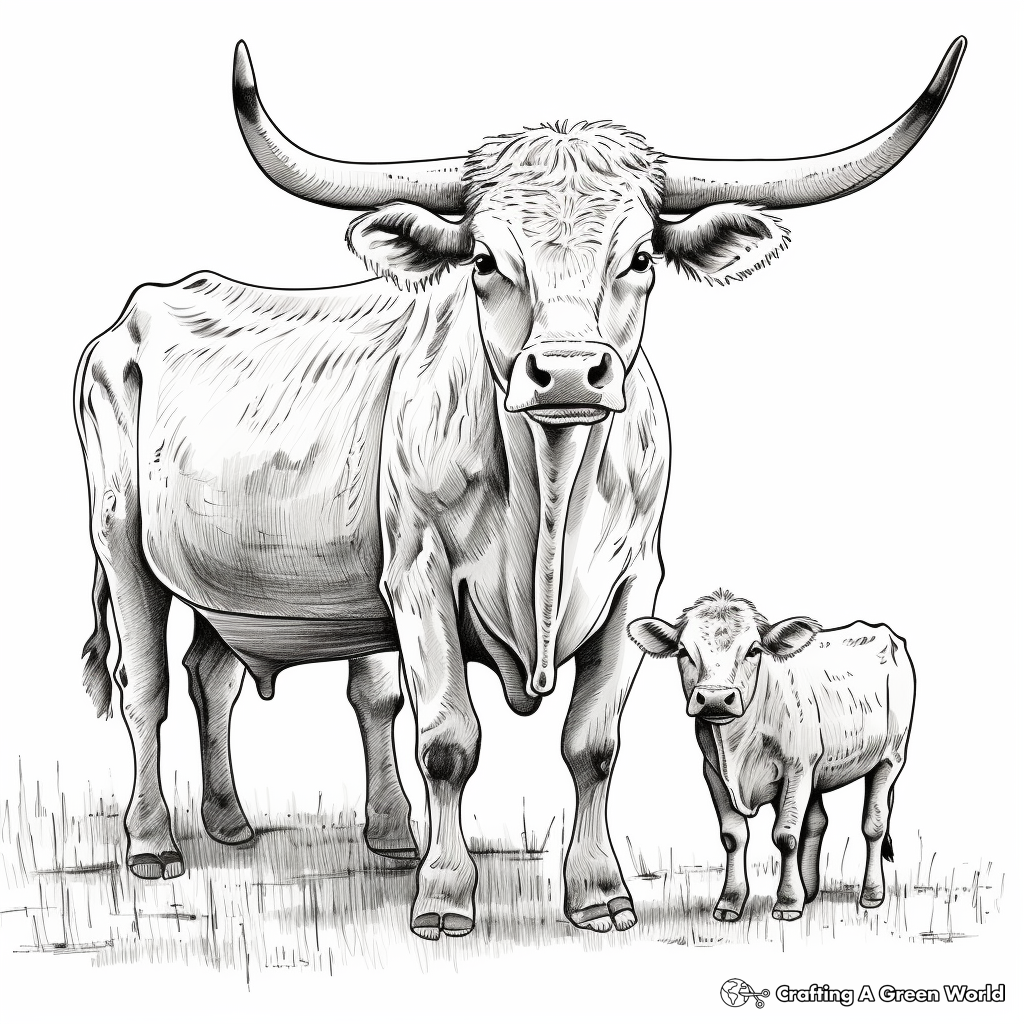 Longhorn Family Coloring Pages: Bull, Cow, and Calf 1