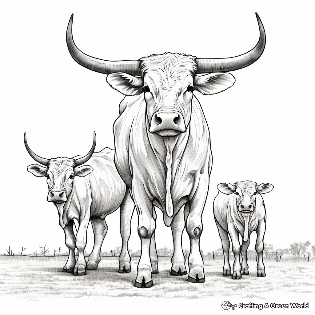 Longhorn Family Coloring Pages: Bull, Cow, and Calf 4