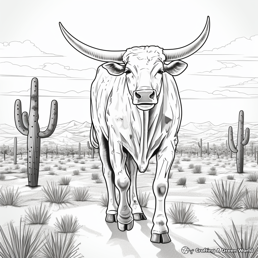 Longhorn in the Wild: Desert-Scene Coloring Pages 3