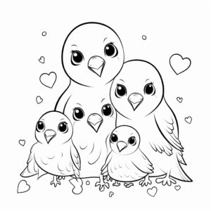 Lovebird Family Coloring Pages: Male, Female, and Chicks 1