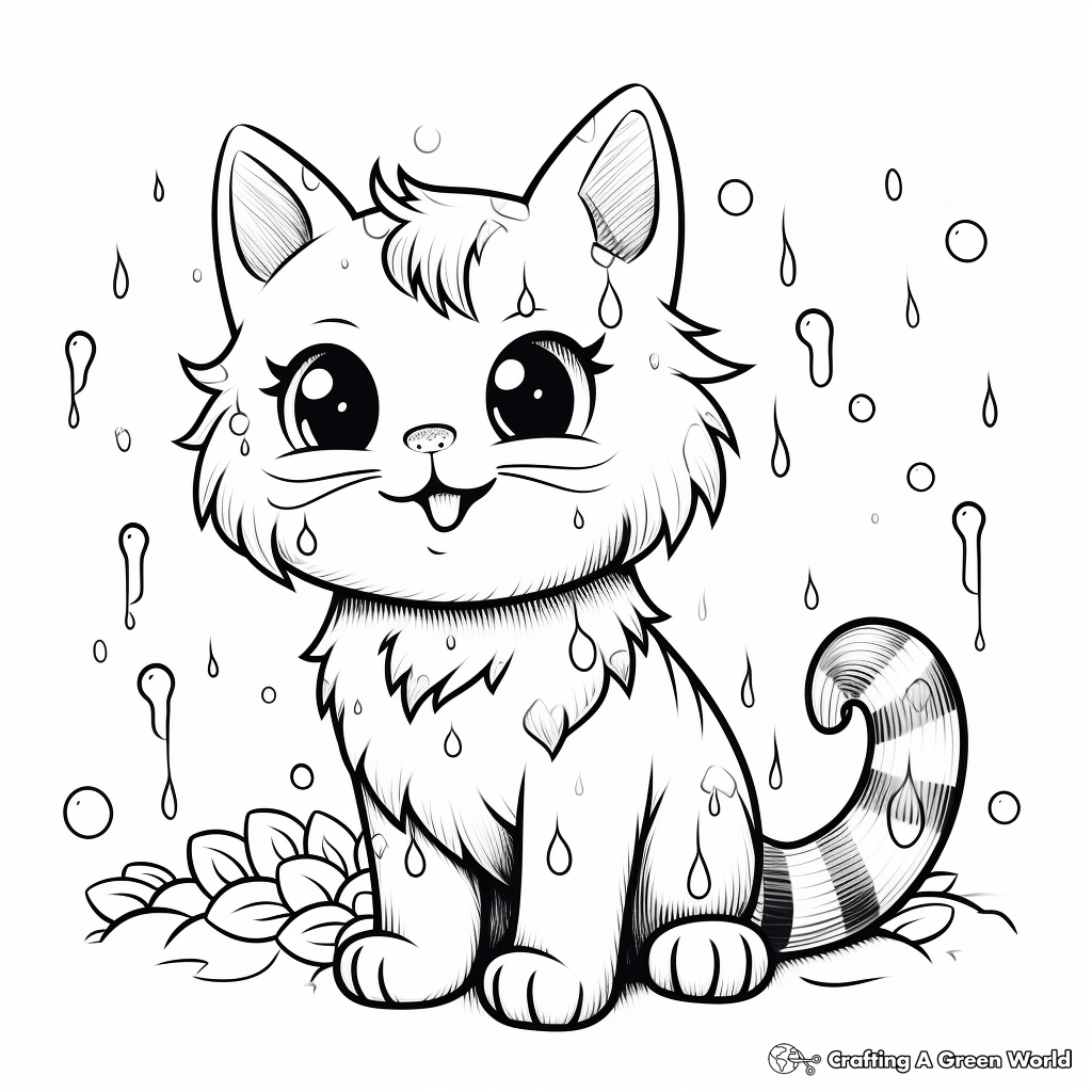 Lovely Rainbow Cat Under the Rain Coloring Page 2