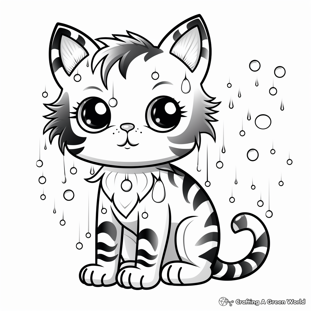 Lovely Rainbow Cat Under the Rain Coloring Page 3