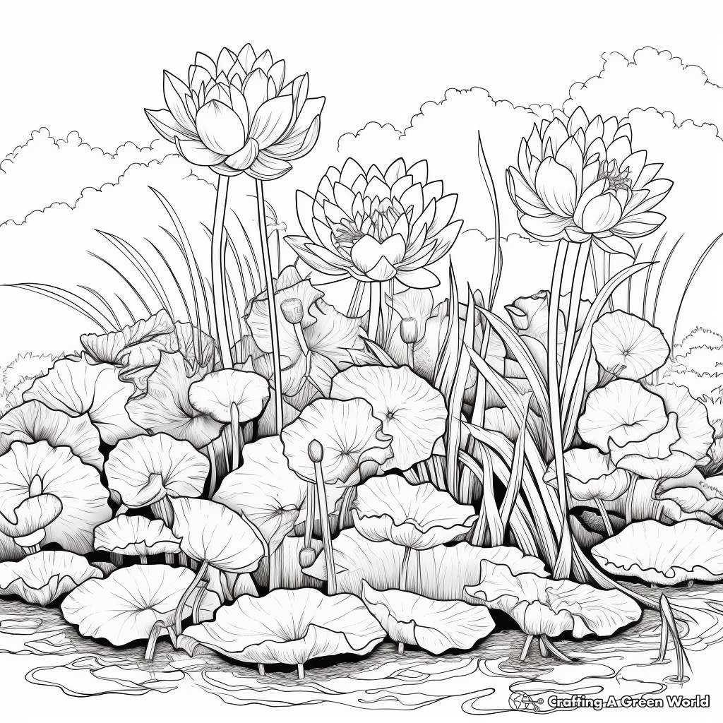 Lush Lotus Garden Coloring Pages for Adults 1